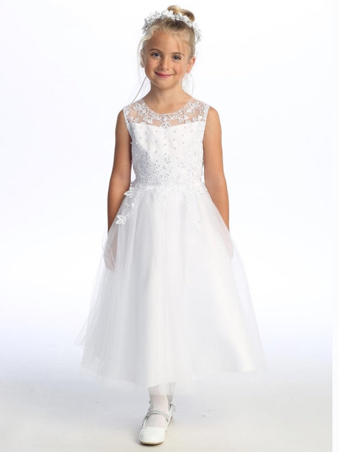 Girls Pearl Sequin Embroidered Tulle Tea Length Communion Plus Size Dress 8.5-20.5